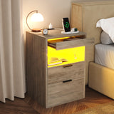 Gadroad LED Nightstand with Charging Station, Bedside Table with 3 Drawers and LED Lights, End Table Sofa Couch Side Table with Pull-Out Shelf, Grey Gadroad