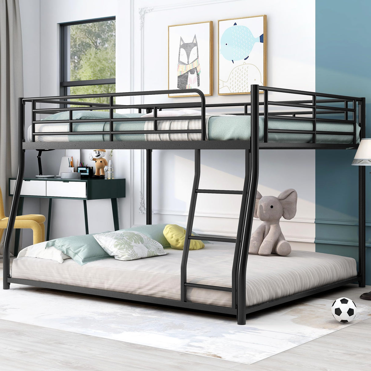 CITYLIGHT Metal Bunk Beds Full XL Over Queen, Heavy-Duty Metal Floor Bunk Bed Frame with Ladder and Guardrail for Kids, Teens, Adults, Black CITYLIGHT