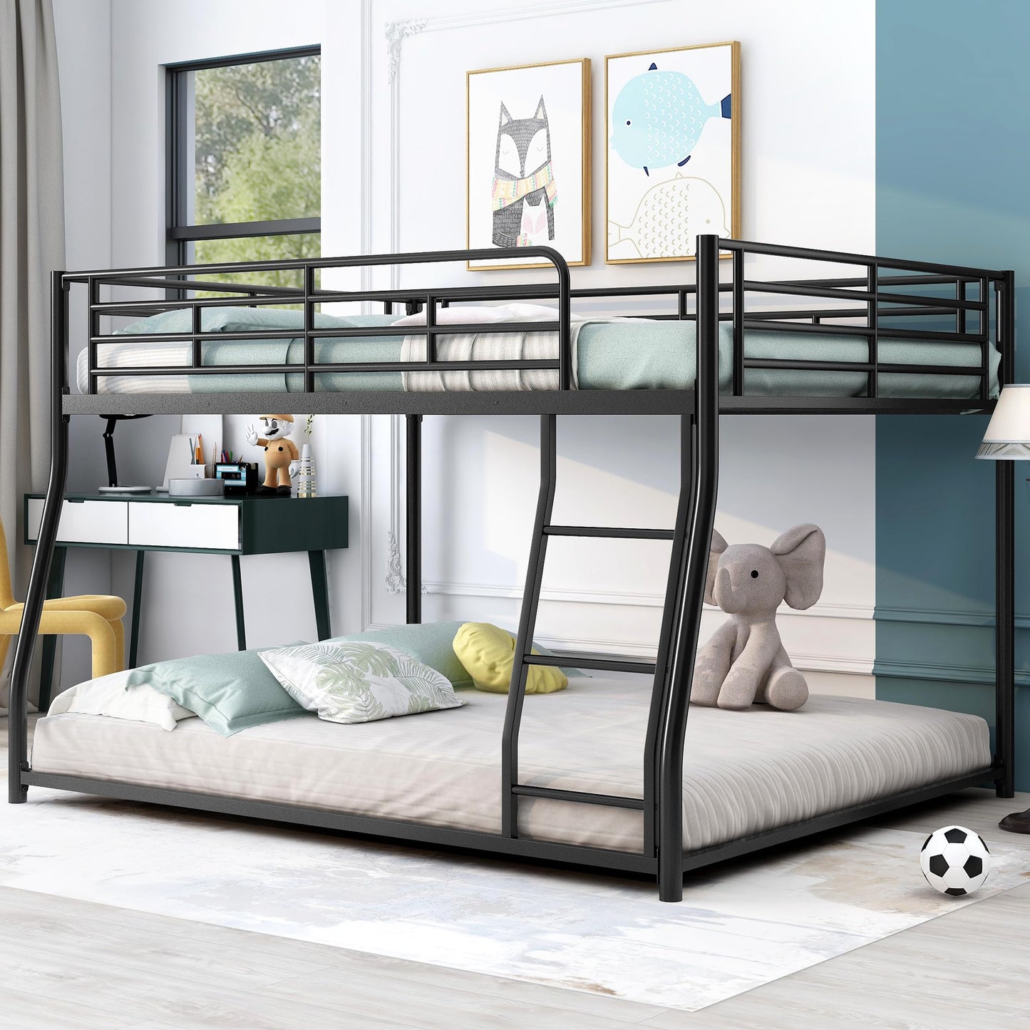 Harper & Bright Designs Metal Bunk Bed Full XL Over Queen, Floor Bunk Bed with Ladder & Safety Guardrail, Montessori Floor Bed Frame Bottom Bunk for Kids Boys Girls, No Box Spring Needed, Black