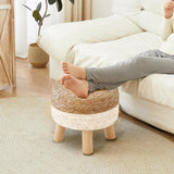 ALeesing Round Ottoman, Natural Seagrass Footstool with 4 Wood Legs, Multifunctional Modern Dressing Stool and Sofa Side Table for Bedroom (White) ALeesing