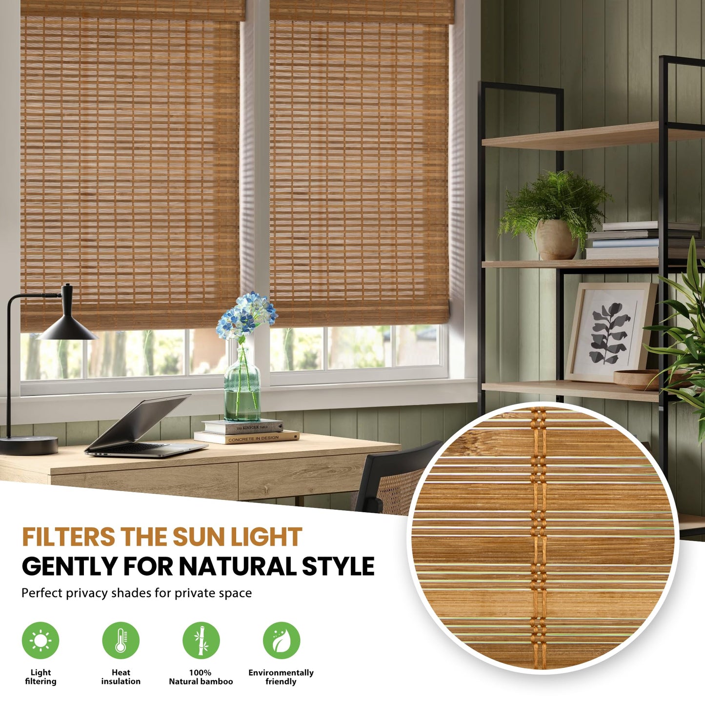 LazBlinds Cordless Bamboo Roman Shades - Light Filtering Window Treatment 31'' W x 64'' H, Squirrel