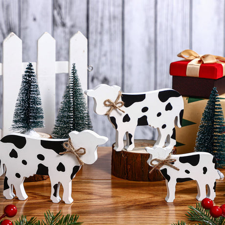 Bucherry 3 Pcs Cow Wooden Table Decor Christmas Tiered Tray Decor Farmhouse Cow Tabletop Rustic Block Centerpiece Cow Table Sign Standing for Home Kitchen Holiday Party Decor(Classic Style) Bucherry