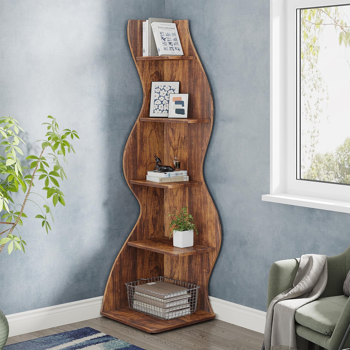 Rustic 5-Tier Corner Shelf - Stylish Brown Bookshelf & Plant Stand by Tribesigns - WoodArtSupply