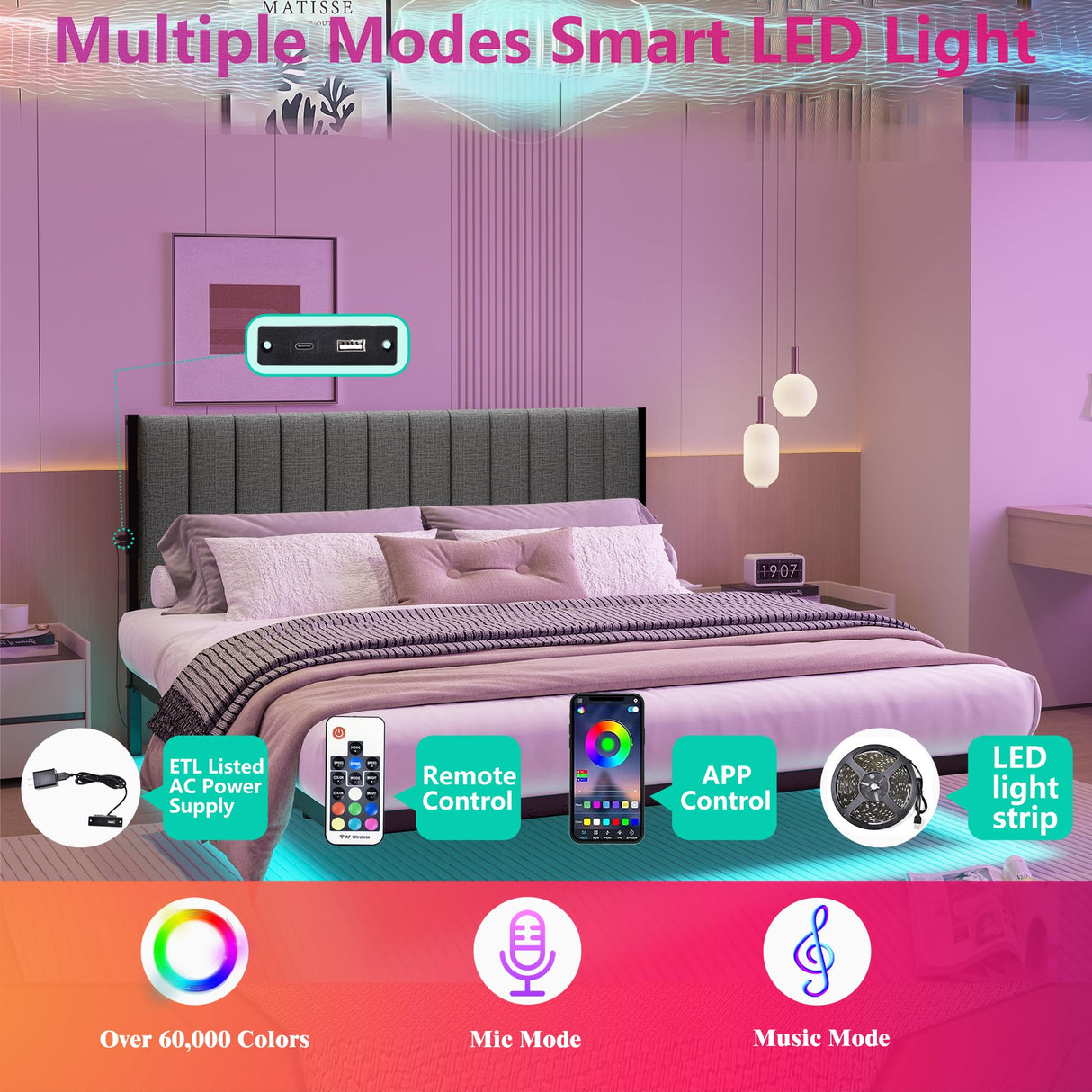 ARFARLY Floating Queen Bed Frame with LED Lights and Charging Station, Metal Platform Bed Frame Queen Size with Upholstered Headboard, No Box Spring Needed, Anti-Noise, Easy to Assemble ARFARLY