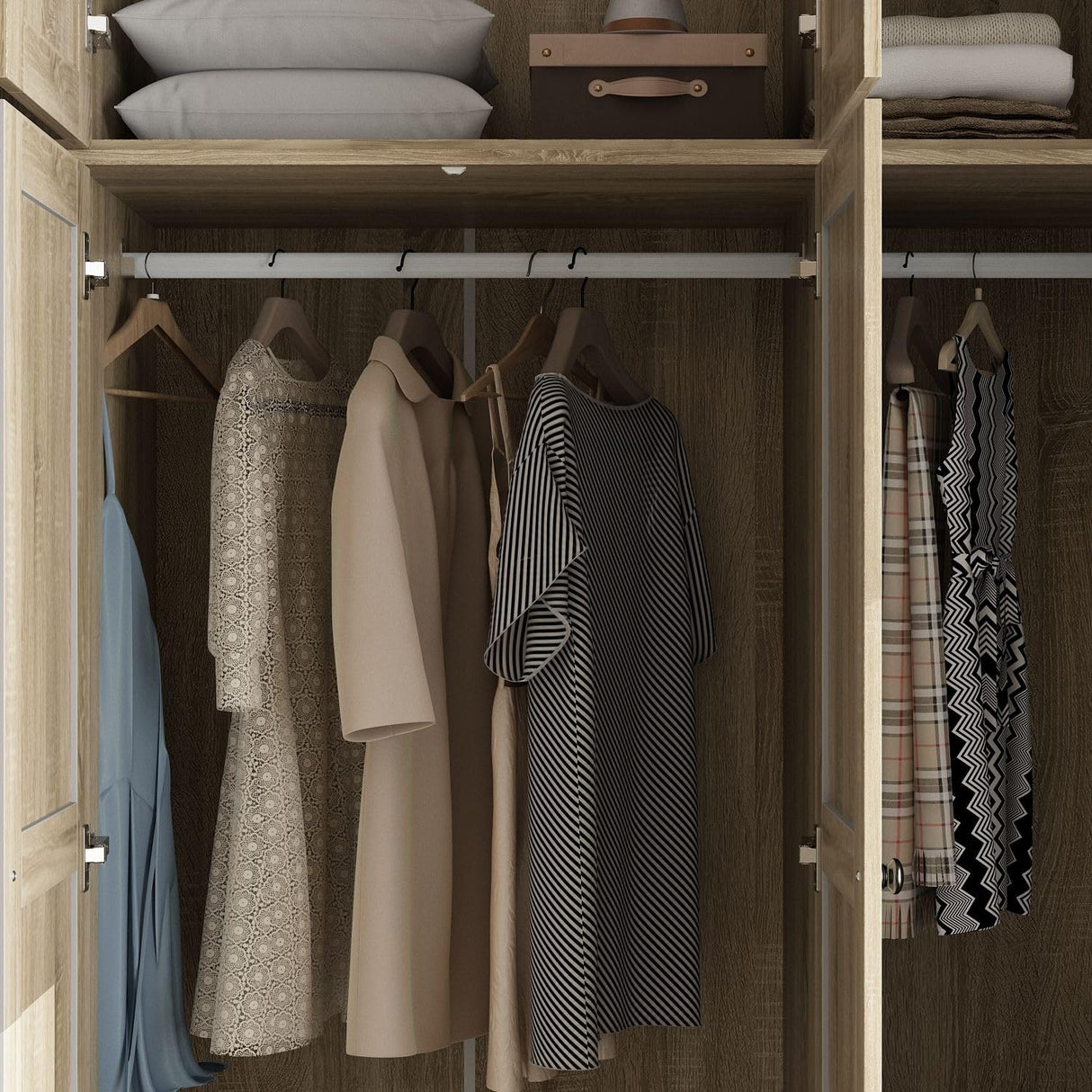 MOUMON 4 Rattan Door Wardrobe with Shelves and Drawers, Armoire Wardrobe with 2 Clothing Rods, Top Storage, Closet for Bedroom Oak 19" D x 59”W x 94.5”H MOUMON