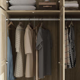 MOUMON 4 Rattan Door Wardrobe with Shelves and Drawers, Armoire Wardrobe with 2 Clothing Rods, Top Storage, Closet for Bedroom Oak 19" D x 59”W x 94.5”H MOUMON