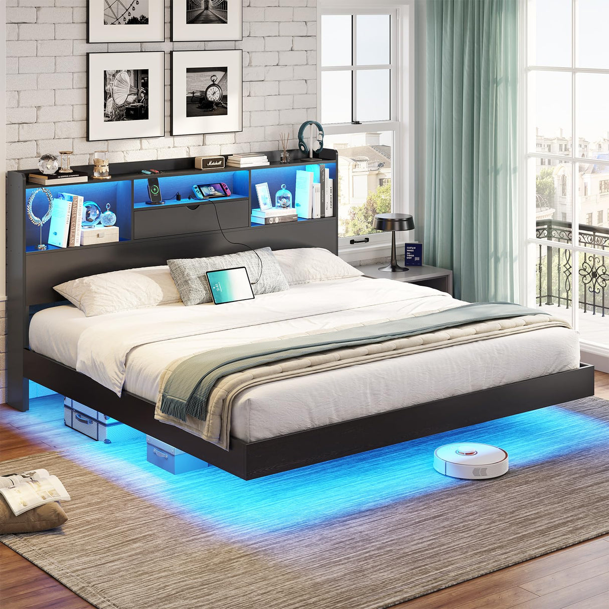 DICTAC King Floating Bed Frame with LED Lights and Headboard Storage, Visual Floating Bed with Charing Station, King Size Metal Platform Bed with Stable Structure, No Box Spring Need, Easy Assembly DICTAC