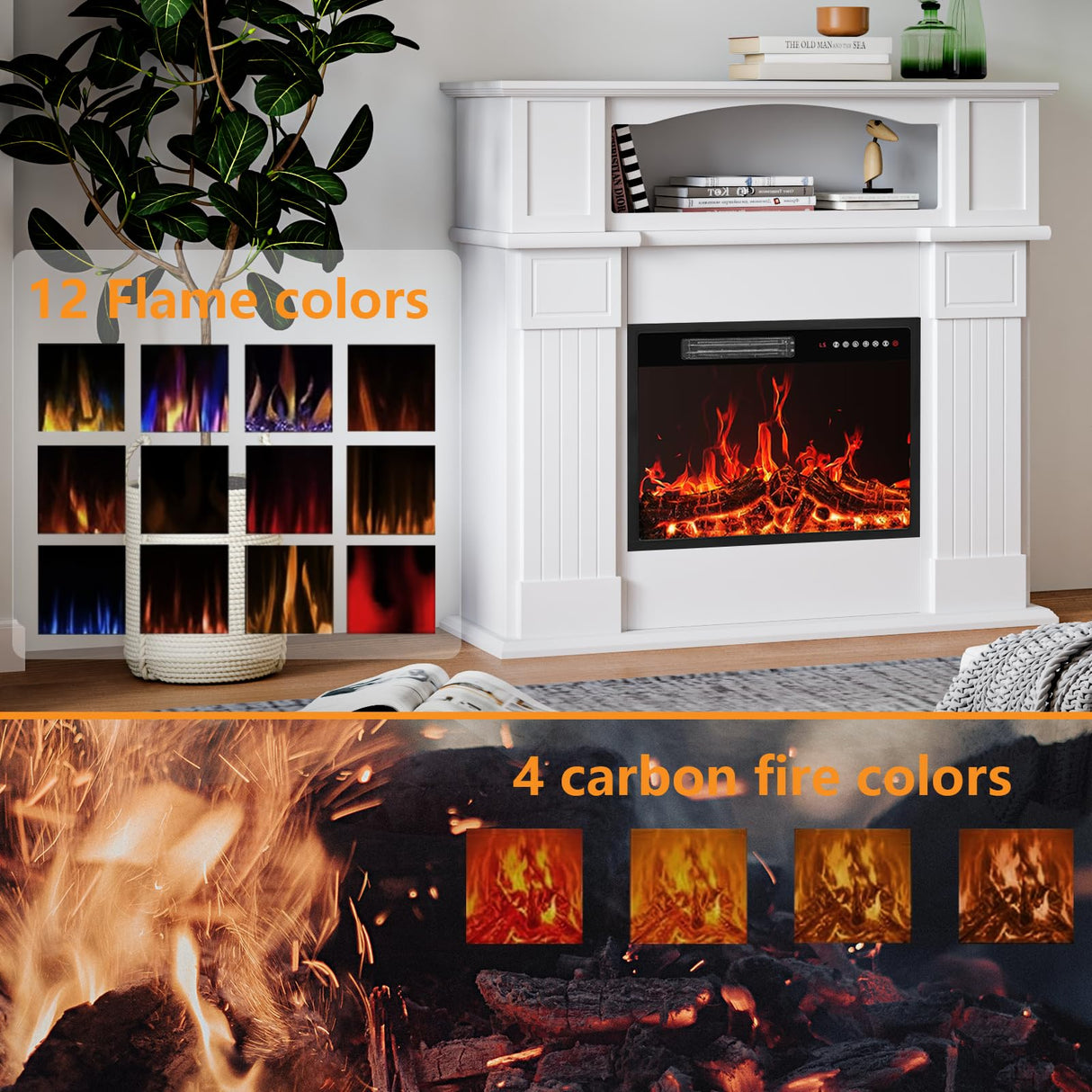 BOSSIN 43" Electric Fireplace with Mantel, 23 inch Electric Fireplace Insert, Freestanding TV Stand with Fireplace Heater,Wooden Surround Firebox Faux Log & Led Flames, Remote Control,750W/1500W White BOSSIN
