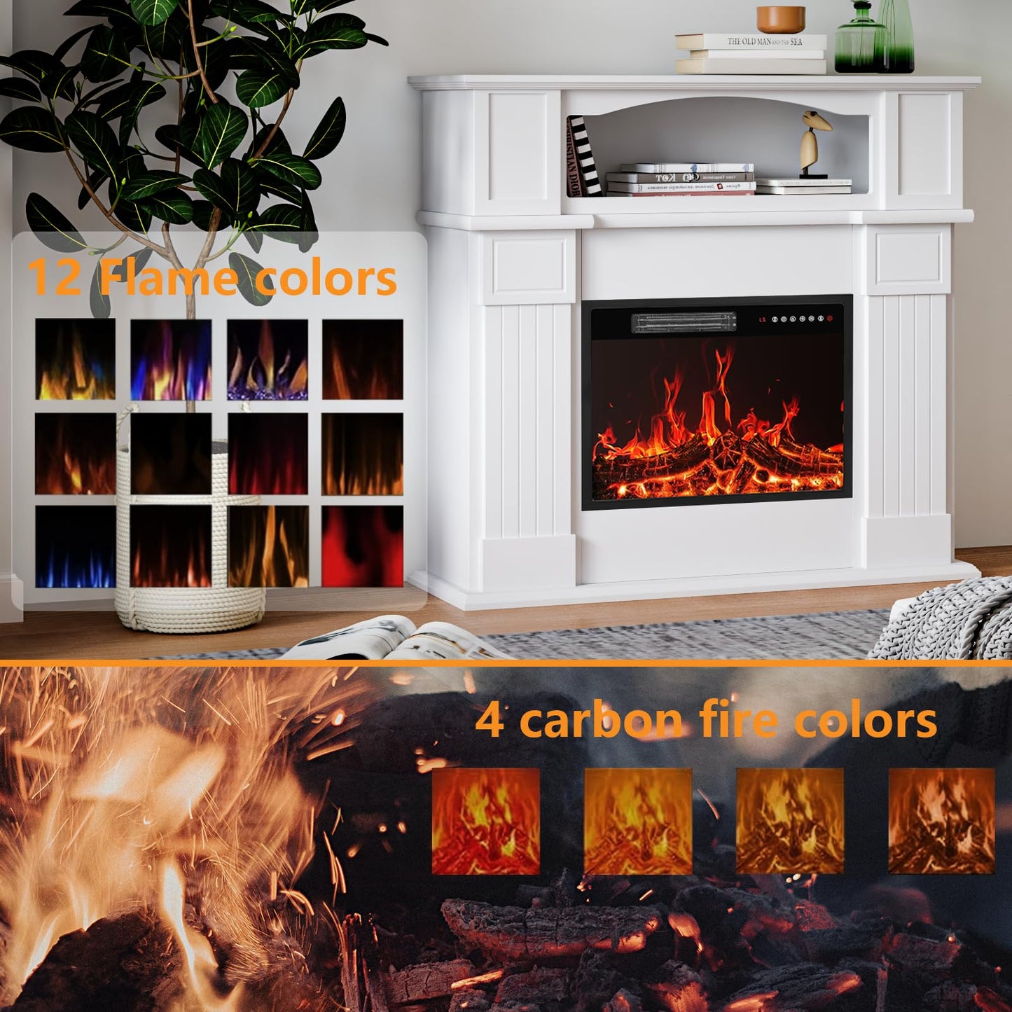 BOSSIN 43" Electric Fireplace with Mantel, 23 inch Electric Fireplace Insert, Freestanding TV Stand with Fireplace Heater,Wooden Surround Firebox Faux Log & Led Flames, Remote Control,750W/1500W White