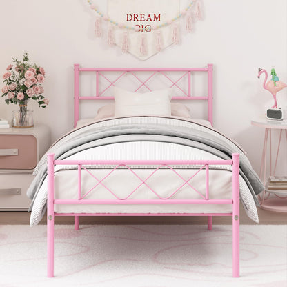 Weehom Twin Bed Frame, Metal Platform Bed Frame with Storage Bed for Kids Girls with Headboard Footboard No Box Spring Needed Pink