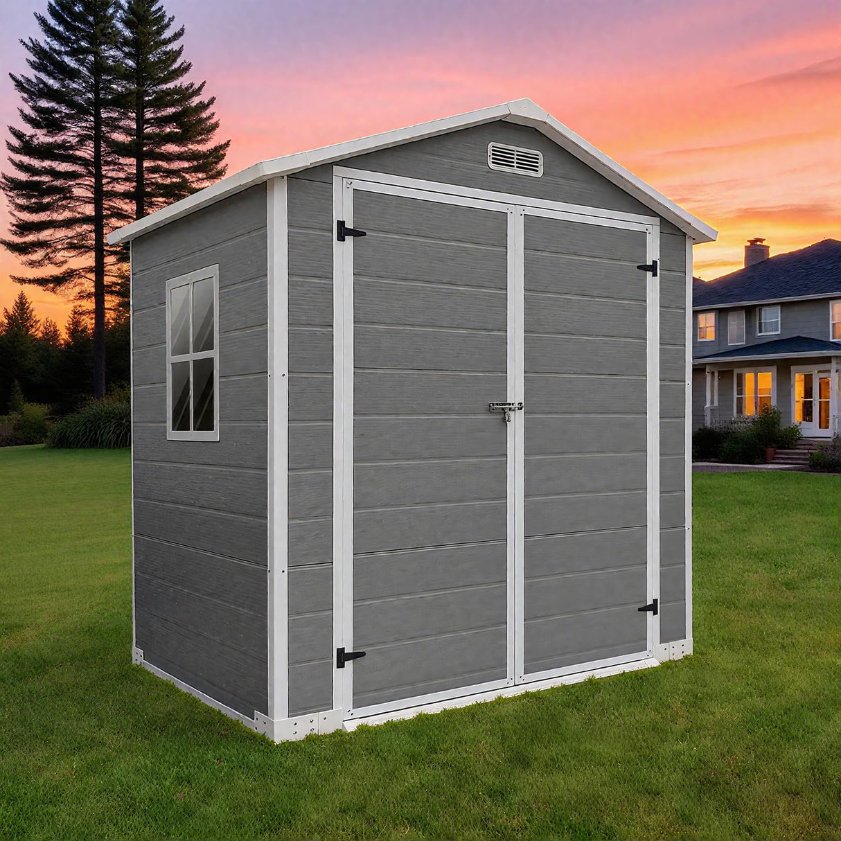 6x4 FT Outdoor Storage Shed with Floor, Plastic Garden Tool Shed with Windows, Vents & Lockable Door, Easy to Assemble Resin Bike Shed for Patio, Backyard, Lawn, Grey LINKHOO