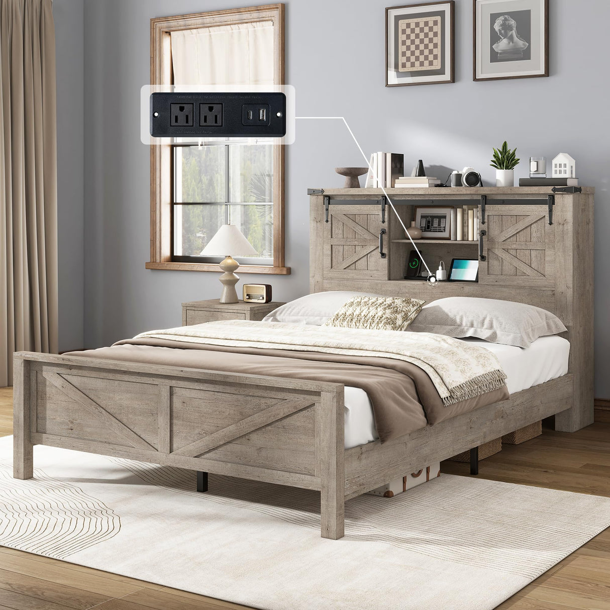 AMERLIFE Farmhouse Full Bed Frame with Storage Headboard & Charging Station, Rustic Wood Platform Bed with Barn Door Bookcase, No Box Spring Needed, Light Grey Bedroom Furniture AMERLIFE