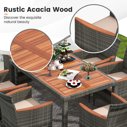 Tangkula 7 Pieces Outdoor Wicker Dining Set, Patio Dining Furniture Set with Acacia Wood Table and 6 Armchairs, Outdoor Table and Chairs Set with 1.96” Umbrella Hole and Cushions