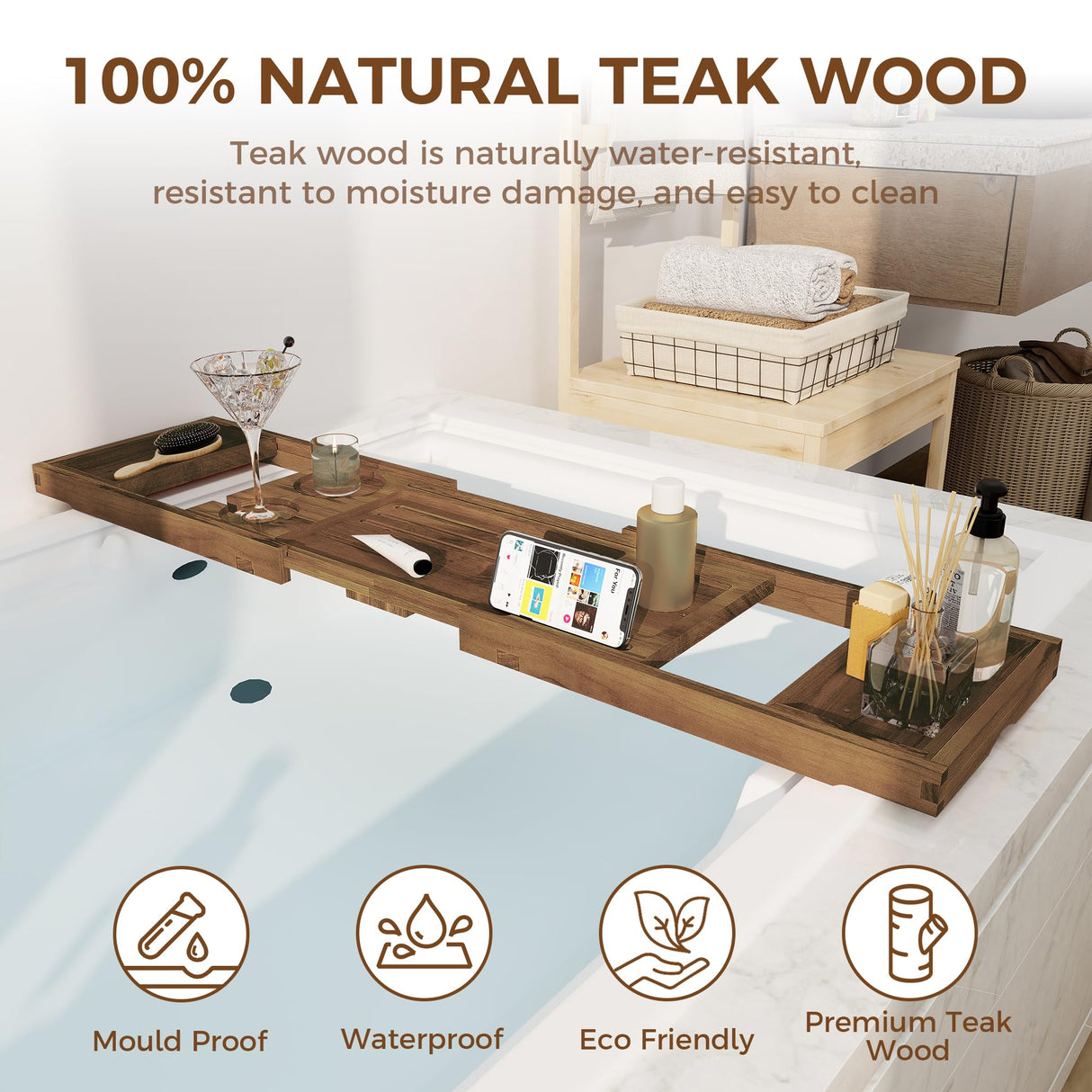 Teak Bathtub Tray - Luxury Bath Tray with Expandable Handles, Wine Glass and Phone Holders, Book Stand - Perfect for Home Spa Relaxation and Reading - Natural Bath Accessories Fun Memories