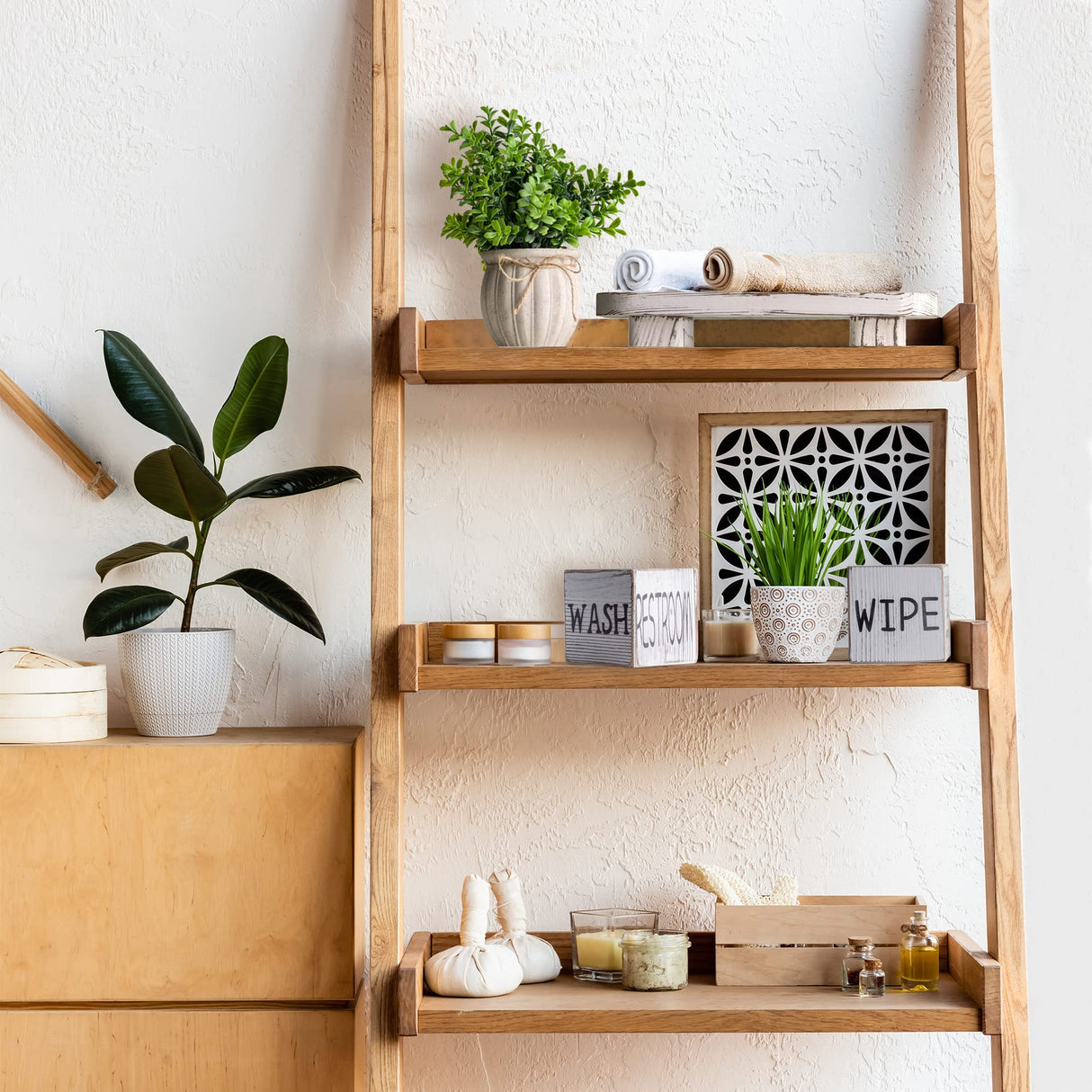 Liswit Farmhouse Funny Bathroom Decor Signs, 3 Wooden Blocks with Plant & Tray, Rustic Decoration for Bathroom Countertop Liswit