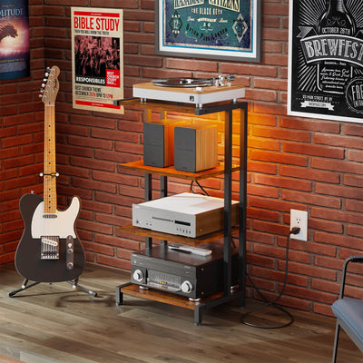 X-cosrack 4-Tier AV Media Stand with Power Strips,Wooden Corner TV Stand Shelf with LED Lights,Stereo Component Cabinet Audio Rack Stand Tower Ideal for DVD Players,Game Console TV Box,Cable Box,Xbox