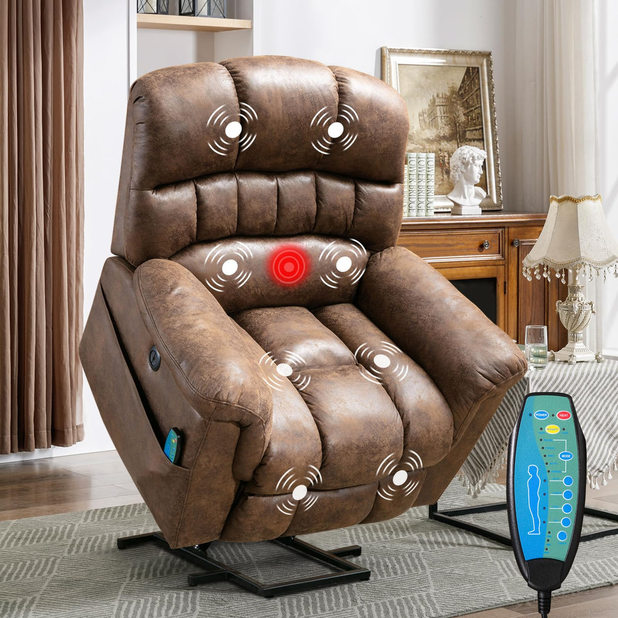 Phoenix Home Large Power Lift Recliner with Massage and Heat for Elderly, Heavy Duty & Safety Motor Reclining Chair, Faux Leather Electric Wider Recliner with USB Ports, 2 Side Pockets, Brown Phoenix Home