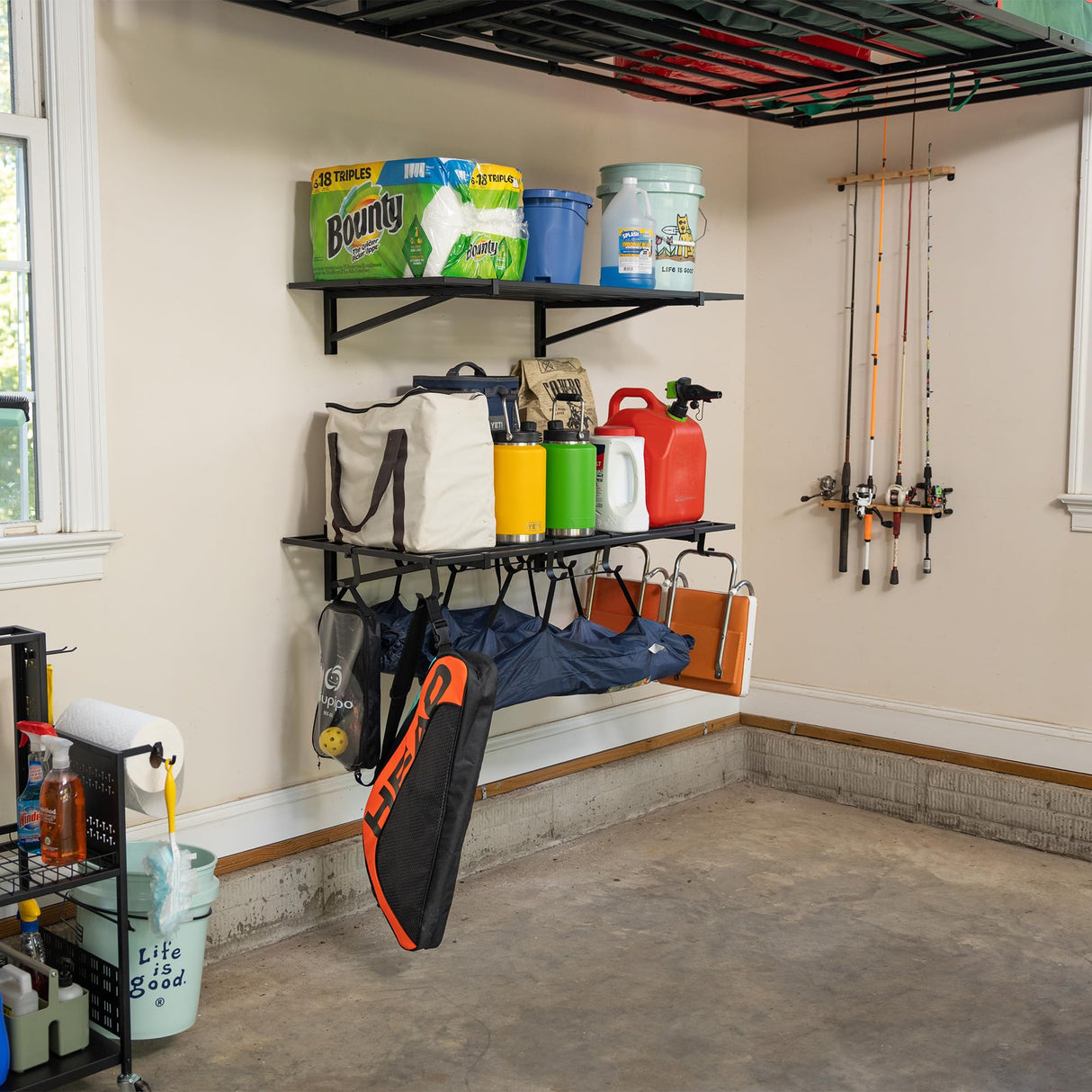 StoreYourBoard 2 Pack Heavy Duty Garage Wall Shelves, 2' x 4' Wall Mount Storage Shelf with Hooks, Holds 200 lbs Each StoreYourBoard