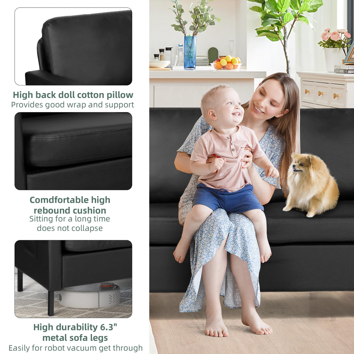 STHOUYN 72" W Faux Leather Black Sofa 3 Seat Couch, Modern Comfy Couch with 2 USB, Small Couches for Living Room Apartment Bedroom Small Spaces, Office Couch (Black (Sofa)) STHOUYN