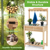Giantex Potting Bench Outdoor Wooden Planting Table with Flip-open Galvanized Metal Tabletop, Planting Box, Open and Hidden Storage Space and 5 Hangers, Patio Gardening Station Giantex