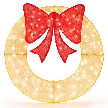 Tangkula 48 Inch Lighted Christmas Mesh Wreath, Pre-Lit Festive Wreath w/Large Bow & 200 LED Bulbs, Hooks & Zip Ties Included, Weatherproof Festive Decoration for Indoor Outdoor Tangkula