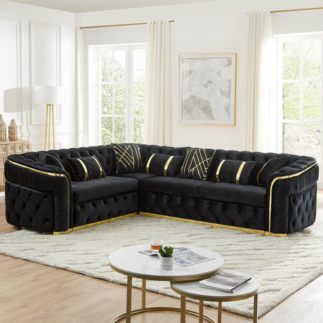 110.5" Luxury Velvet L Shape Chesterfield Sofa Set with Glod Metal Accents, Oversize Victorian Curved Arm Sofa Sectional Couches for Living Room with 7 Pillows, Left Chaise, Black WIN FORCE