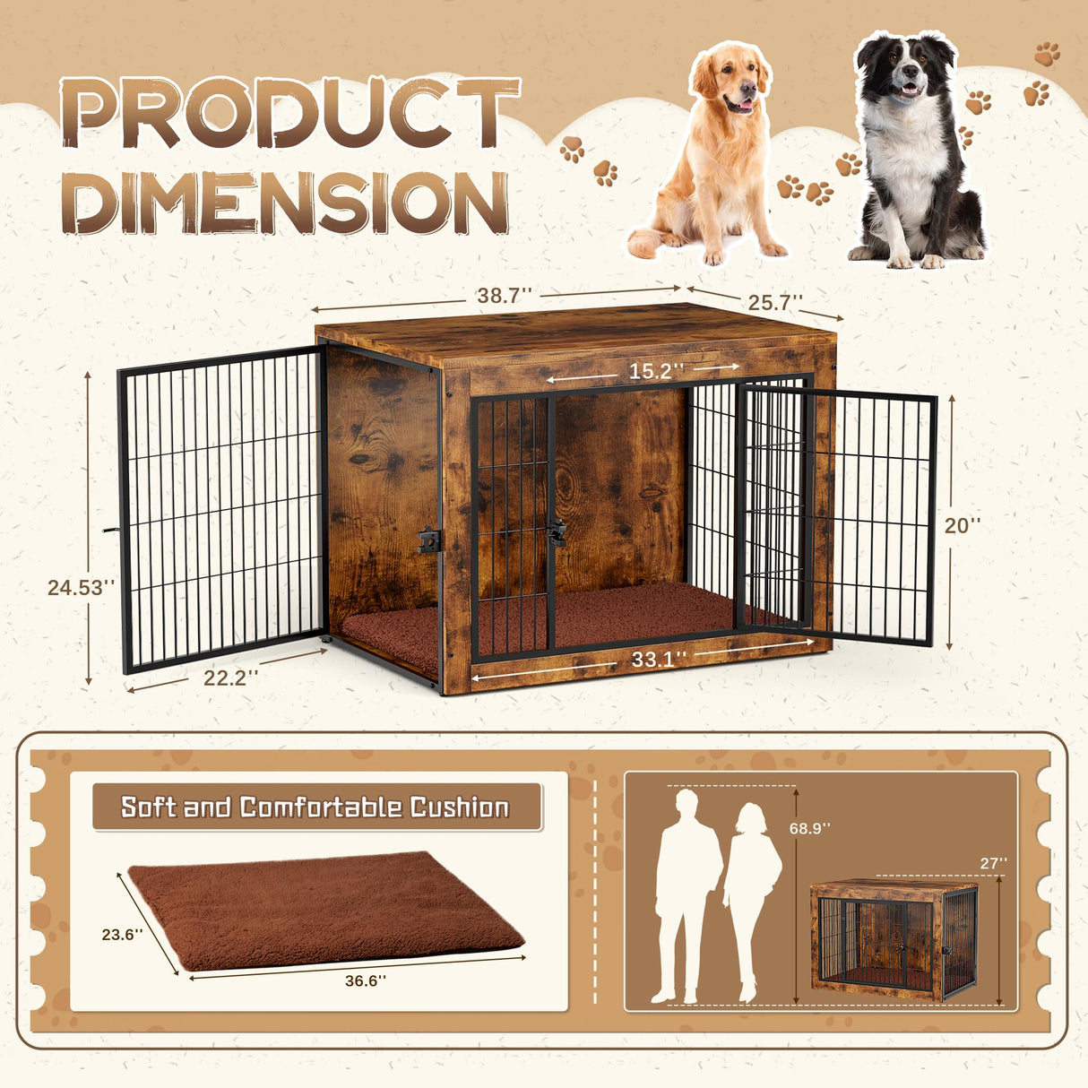 Dog Crate Furniture with Cushion, Indoor Dog Kennel with Double Doors, Side End Table Dog Cage, Pet House for Small/Medium/Large Dog, Easy Assemble (Rustic Brown, L(38.8’’x 25.7’’x27’’)) GUNJI