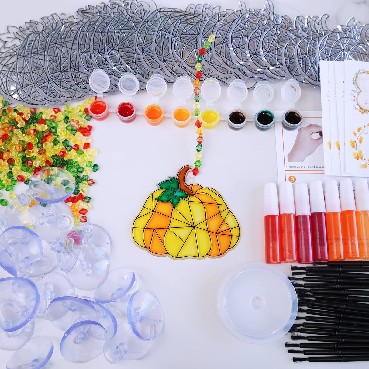 Winlyn 27 Sets Pumpkin Suncatchers DIY Window Paint Art Suncatchers Fall Pumpkin Craft Kits Autumn Pumpkin Sun Catchers for Kids Classroom Halloween Thanksgiving Art Activities Winlyn