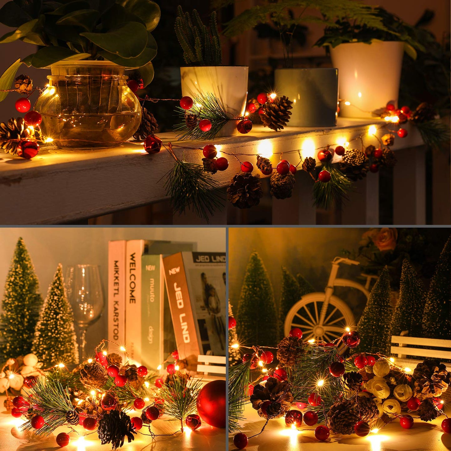 Luditek Christmas Garland with Lights, Red Berry Pine Cone 6.5FT 20 LED Garland Lights Battery Operated, led Garland String Lights, Christmas Decorations Indoor for Home Fireplace Mantel Xmas Decor