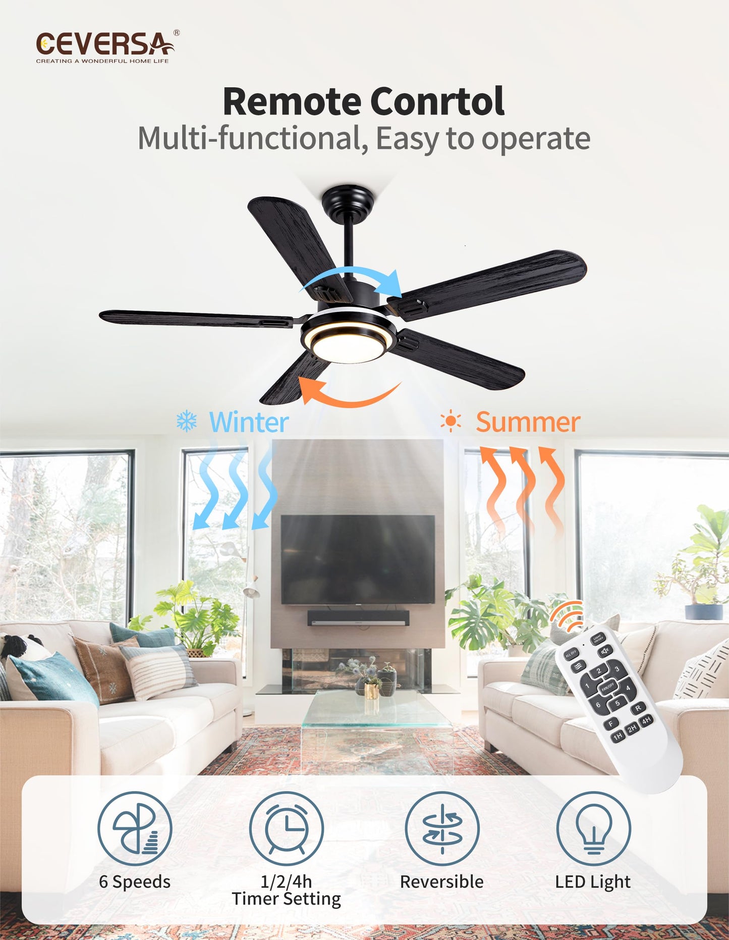 Ceversa 52 Inch Black Ceiling Fans with Lights Remote Control, 5 Blades Thin Solid Wood Ceiling Fans for Bedroom,Living Room,Dining Room,Patio,Farmhouse