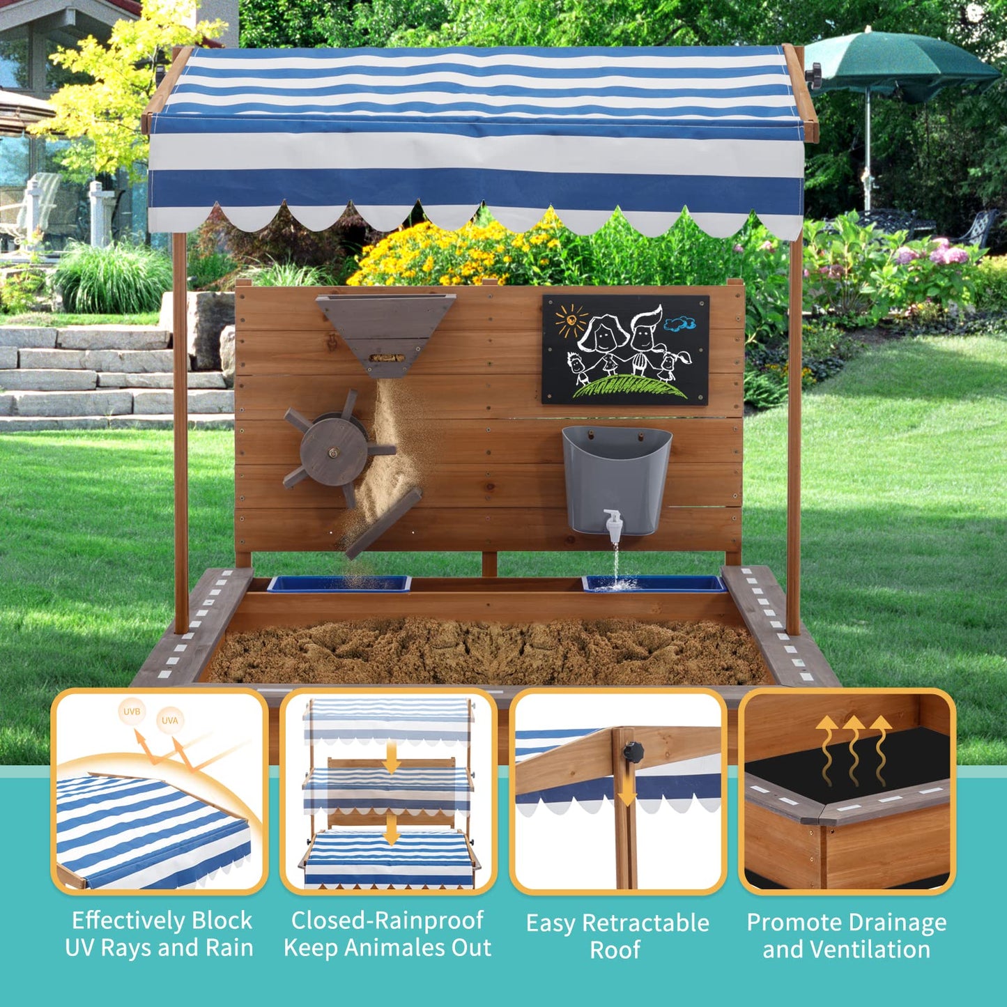 Kids Large Wooden SandBoxes with Cover, MOOITZ Outdoor Sand Box Play w/Canopy for Backyard Garden Beach, Sand Pit for Beach Patio Outdoor, [Adjustable Roof & Sand Funnel & Drawing Board] - Br - WoodArtSupply