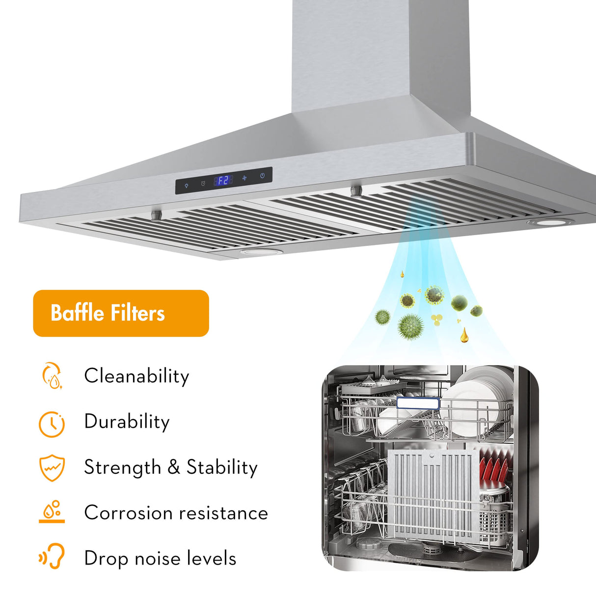 FIREGAS Range Hood 30 inch Wall Mount,450 CFM Ducted/Ductless Range Hood with Stainless Steel,Stove Hood Vent for Kitchen with 3 Speed Fan,Permanent Filters,Led Lights,Digital Touch,Charcoal Filter FIREGAS