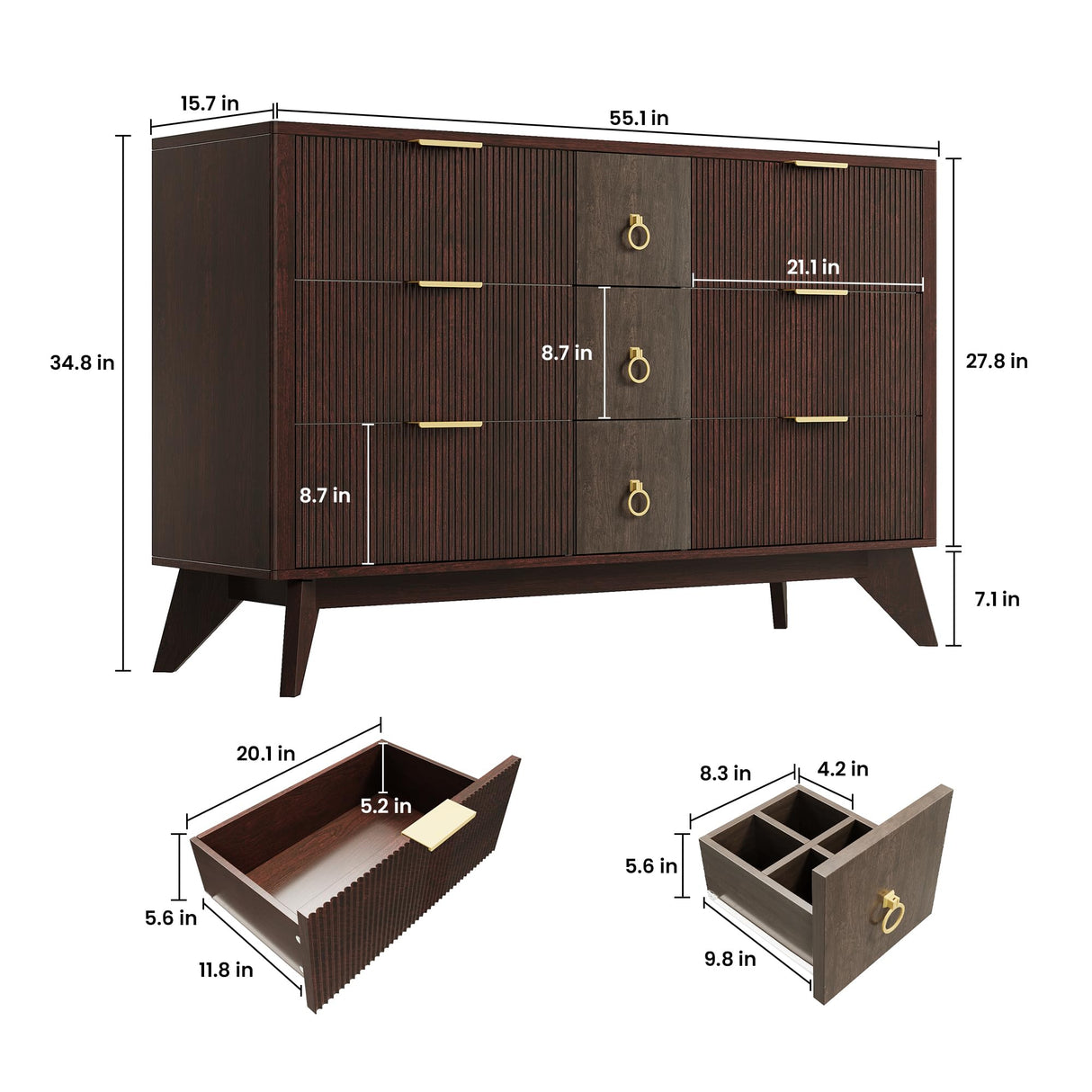 LIKIMIO Dresser for Bedroom 9 Drawers with LED Light, 55" Wide Fluted Chest of Drawers, Wood Closet Organizer, Curved Profile Design, TV Stand for Living Room, Hallway, Walnut with Brown LIKIMIO