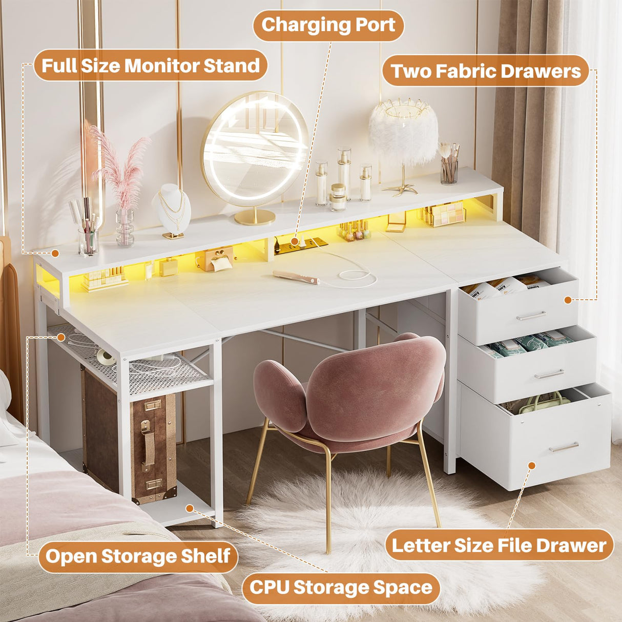 Aheaplus Gaming Desk with LED Lights and Power Outlets, 59 inch Computer Desk with Fabric File Drawers, Home Office Desk with Monitor Stand and Storage Shelves, Writing Desk Work Desk, White Aheaplus