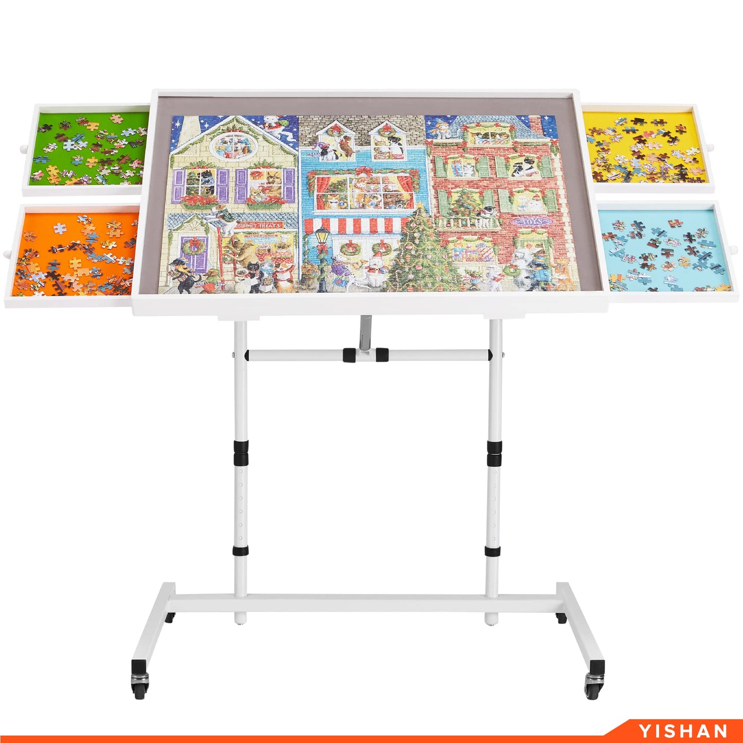 YISHAN Tilted Jigsaw Puzzle Board with Cover for 1000 Piece Puzzles, Movable Jigsaw Puzzle Table with Drawers for Adults Children, Angle Height Adjustable, Premium Rubber Wheels - WoodArtSupply