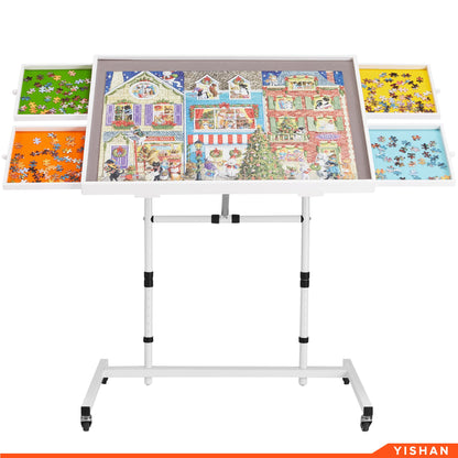 YISHAN Tilted Jigsaw Puzzle Board with Cover for 1000 Piece Puzzles, Movable Jigsaw Puzzle Table with Drawers for Adults Children, Angle Height Adjustable, Premium Rubber Wheels - WoodArtSupply