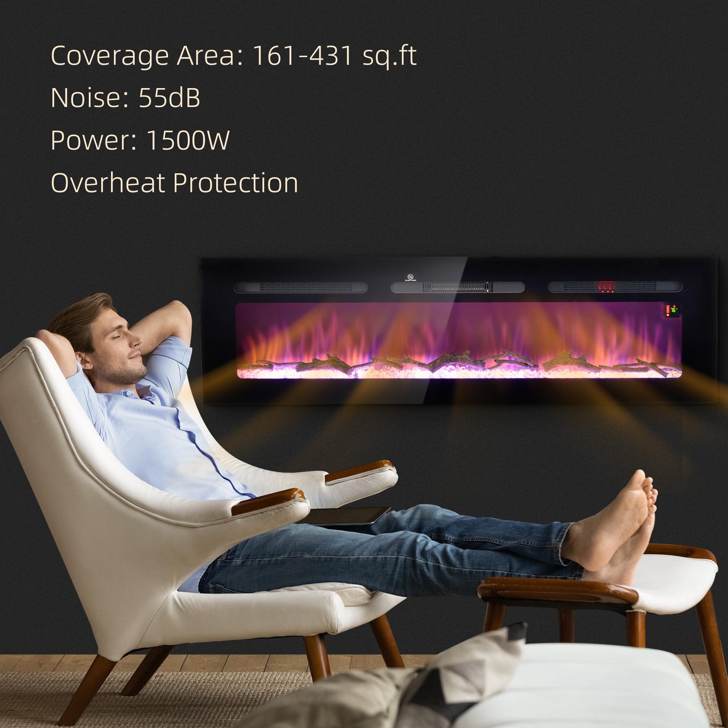 HOMCOM 60" Electric Fireplace Recessed and Wall Mounted with Remote Control, 1500W Fireplace Heater with 8H Timer, Adjustable Flame Color and Brightness, Log and Crystal