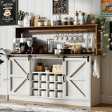 4ever2buy Farmhouse Coffee Bar Cabinet with 8 Hooks, 55 Inch Coffee Bar with Sliding Barn Doors, Tall Hutch Cabinet with Storage, White Coffee Bar with 12 Racks for Living Dining Room 4ever2buy