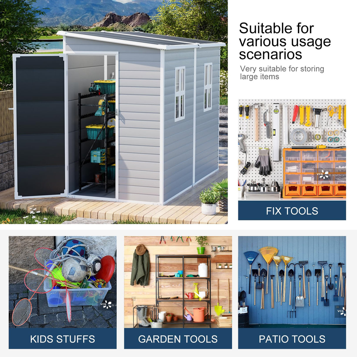 Outdoor Resin Storage Shed with Floor 8x4x6 FT Waterproof Lean to Sheds Kit Included 2 Windows Lockable Door, Plastic Tool Shed for Backyard Garden Patio Lawn WELYAS