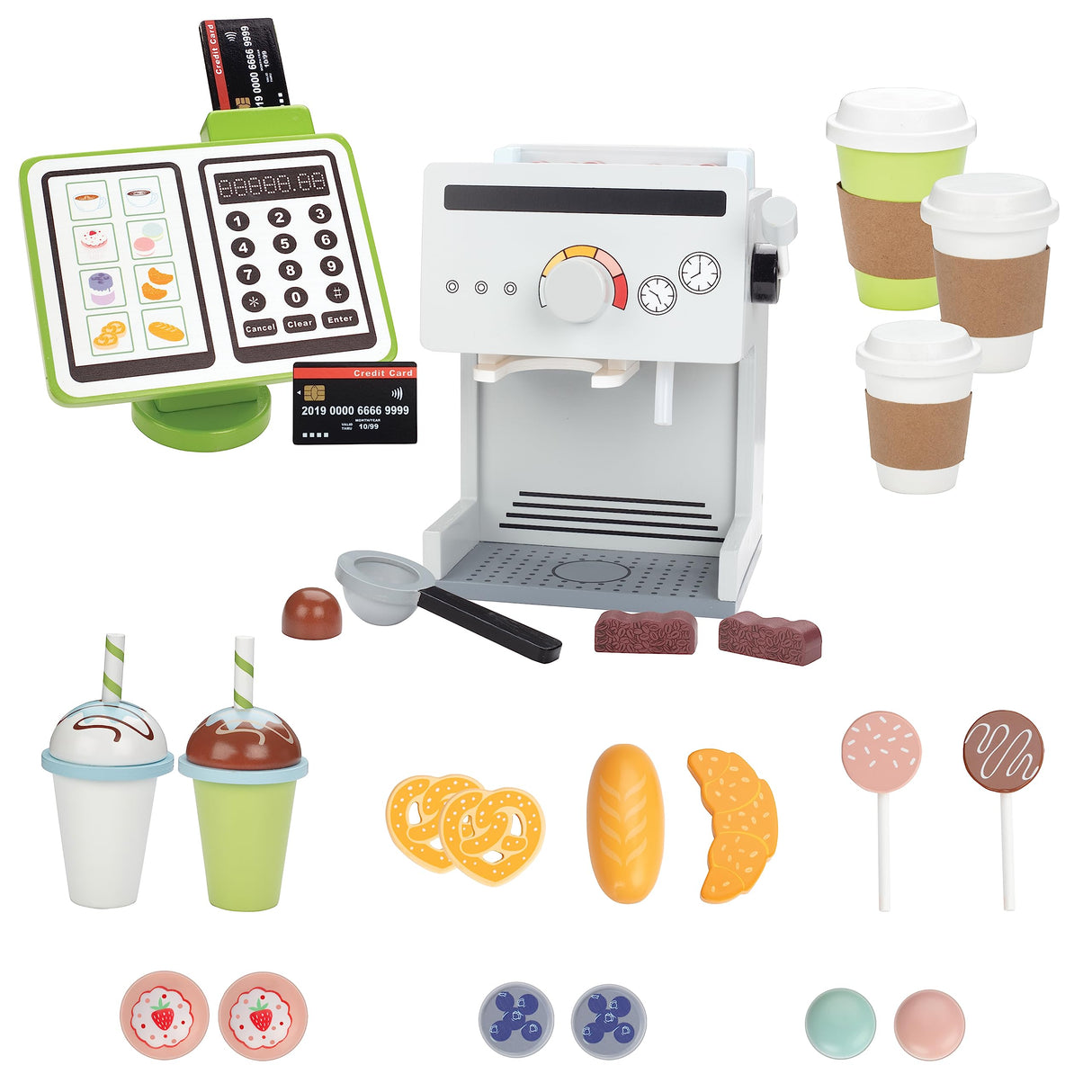 Pretend Coffee Shop Wooden Playset - Drive Thru Window Fun - Includes Frappuccino w Straws, Espresso Maker, Bread, Pastries, Rotating Cash Register, Coffee Cups, Apron- Over 25 Super Cute Play Pieces! Svan