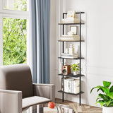 POBOMULI 5-Tier Ladder Shelf, Wall Mounted Ladder Bookshelf with Metal Frame, Wood Tall Open Storage Rack and Display Shelves for Home Office Bedroom Living Room, Black POBOMULI