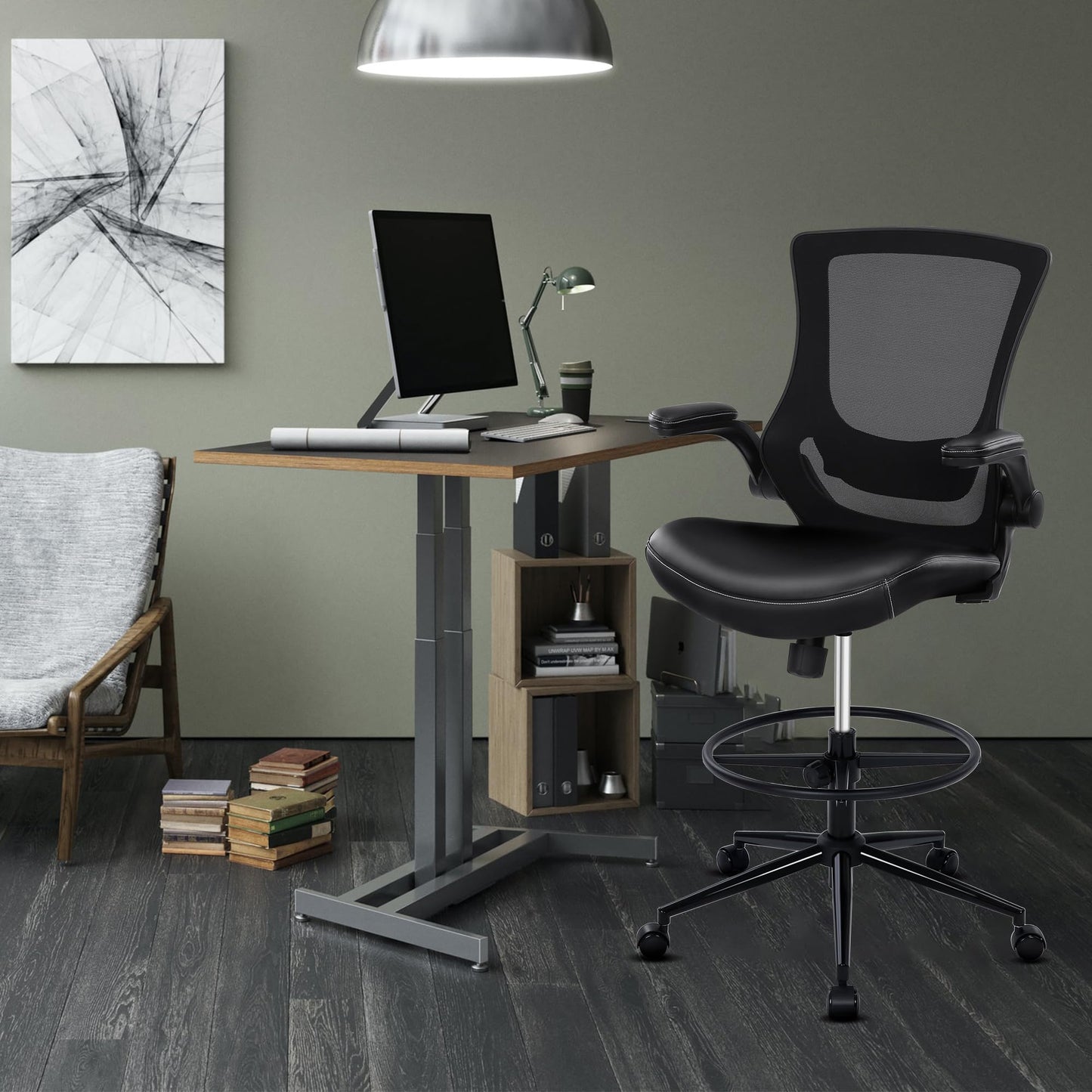 Misolant Tall Office Chair for Standing Desk, Drafting Chair with Foot Ring, Recline Office Drafting Chair, Standing Desk Chair with Adjustable Lumbar Support, PU Leather High Office Chair