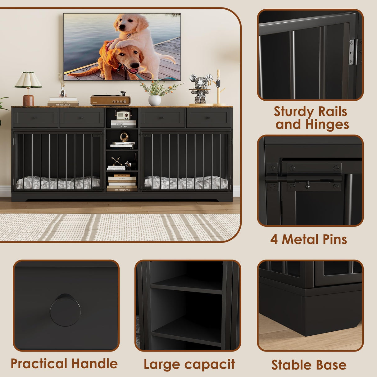 GarveeHome 82” Double Dog Crate Furniture, Large Dog Kennel Indoor for 2 Dogs, Heavy Duty Wooden Dog Crate TV Stand with 4 Drawers and Shelves, Black GarveeHome