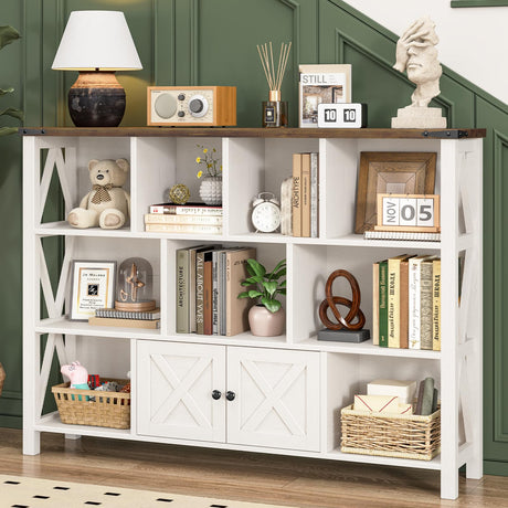 Farmhouse Cube Bookshelf, 11 Cube Storage Organizer with Small Barn Doors, Wooden 3-Tier Floor Standing Display Cabinet Low Short Book Shelf with Legs for Home Office, Living Room and Bedroom, White Vabches