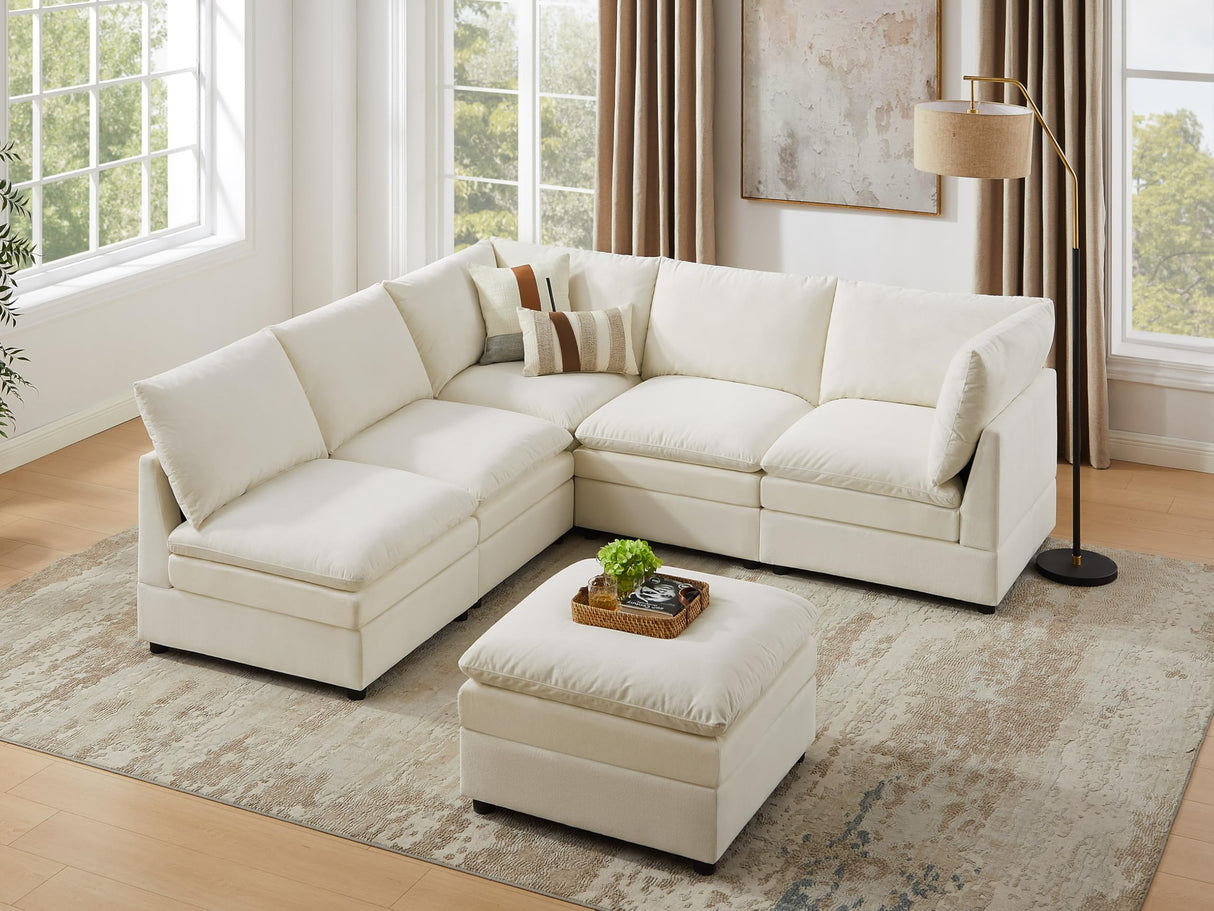 VANOMi 98" Cloud Modular Sectional Sofa Couches for Living Room, Oversized Modern Sleeper Sofa with Deep Seat Double-Layer Thick Cushion Ottoman, Convertible Upholstered Sofa Set, Ivory White VANOMi