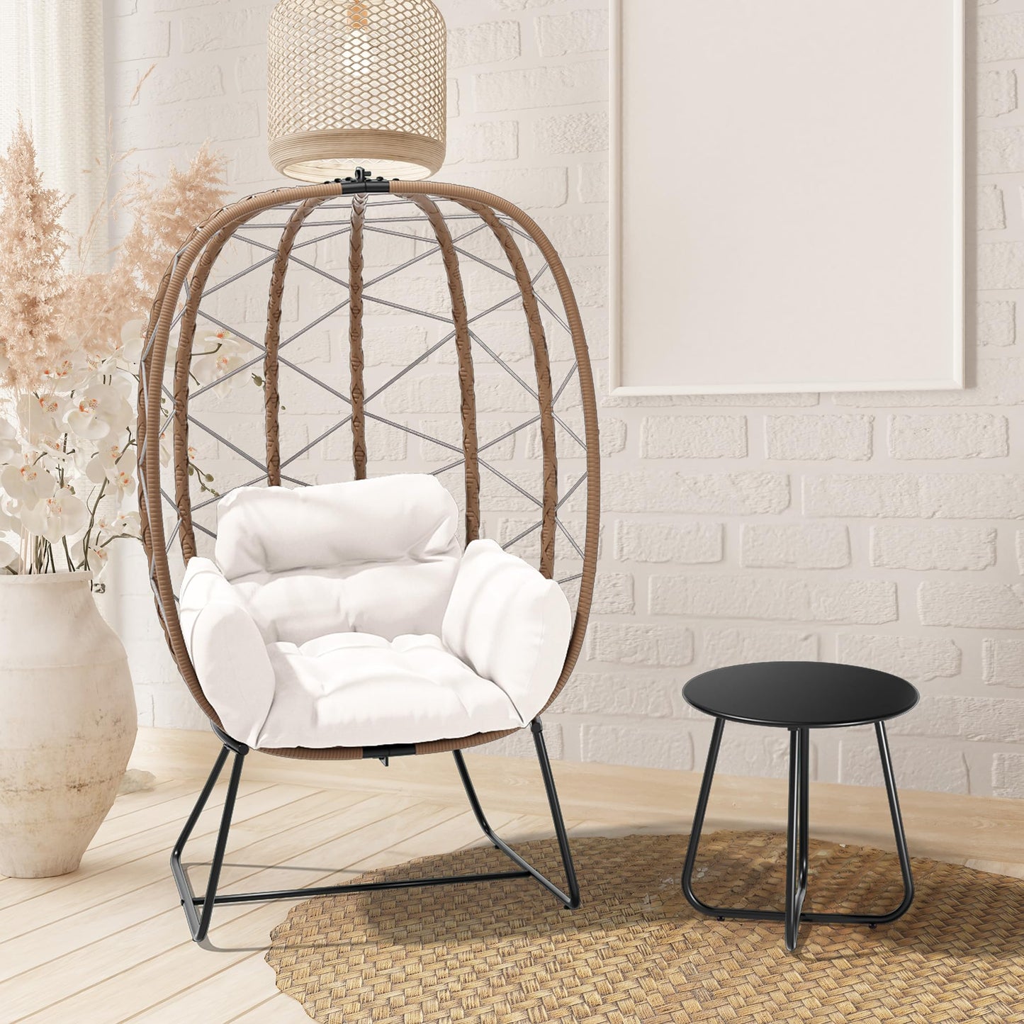 JEAREY Egg Chair with Side Table, Oversized Outdoor Indoor Lounger with 350lbs Capacity Wicker Egg Chair with Stand Cushion, Egg Basket Chair Set for Patio, Porch, Bedroom(White)… - WoodArtSupply