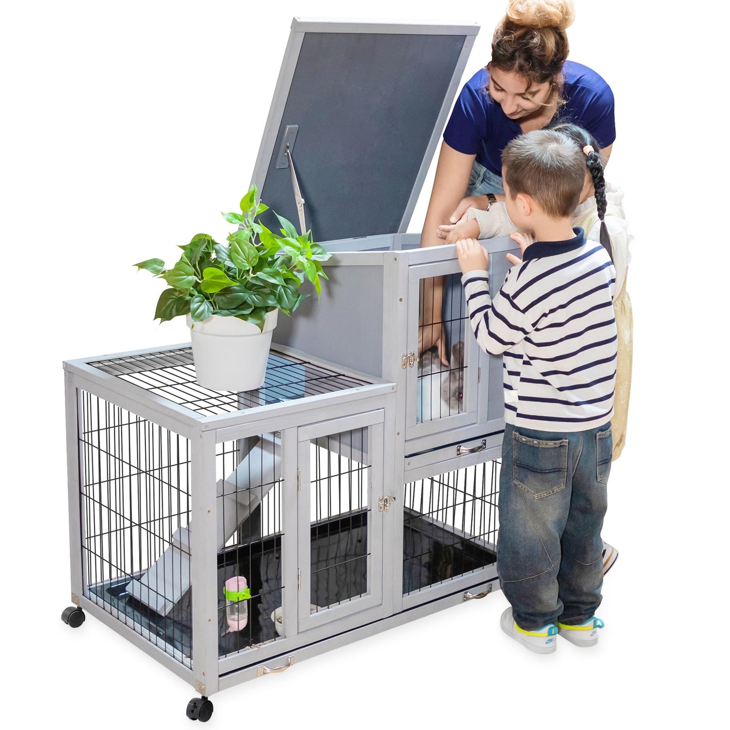 Rabbit Hutch Indoor Outdoor, 2-Level Large Wooden Rabbit Cage Bunny House Small Animal Enclosure Guinea Pig Hutch with Wheels, 2 Removable Trays, 3 Access Entrances, 39" L x 24" W x 37" H, Grey