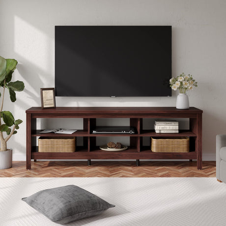 WAMPAT Farmhouse TV Stand for 75 inch TV, Wood Entertainment Center for 80 inch TV Console Table with 6 Storage Cubby for Living Room & Bedroom, 70 inch, Brown WAMPAT