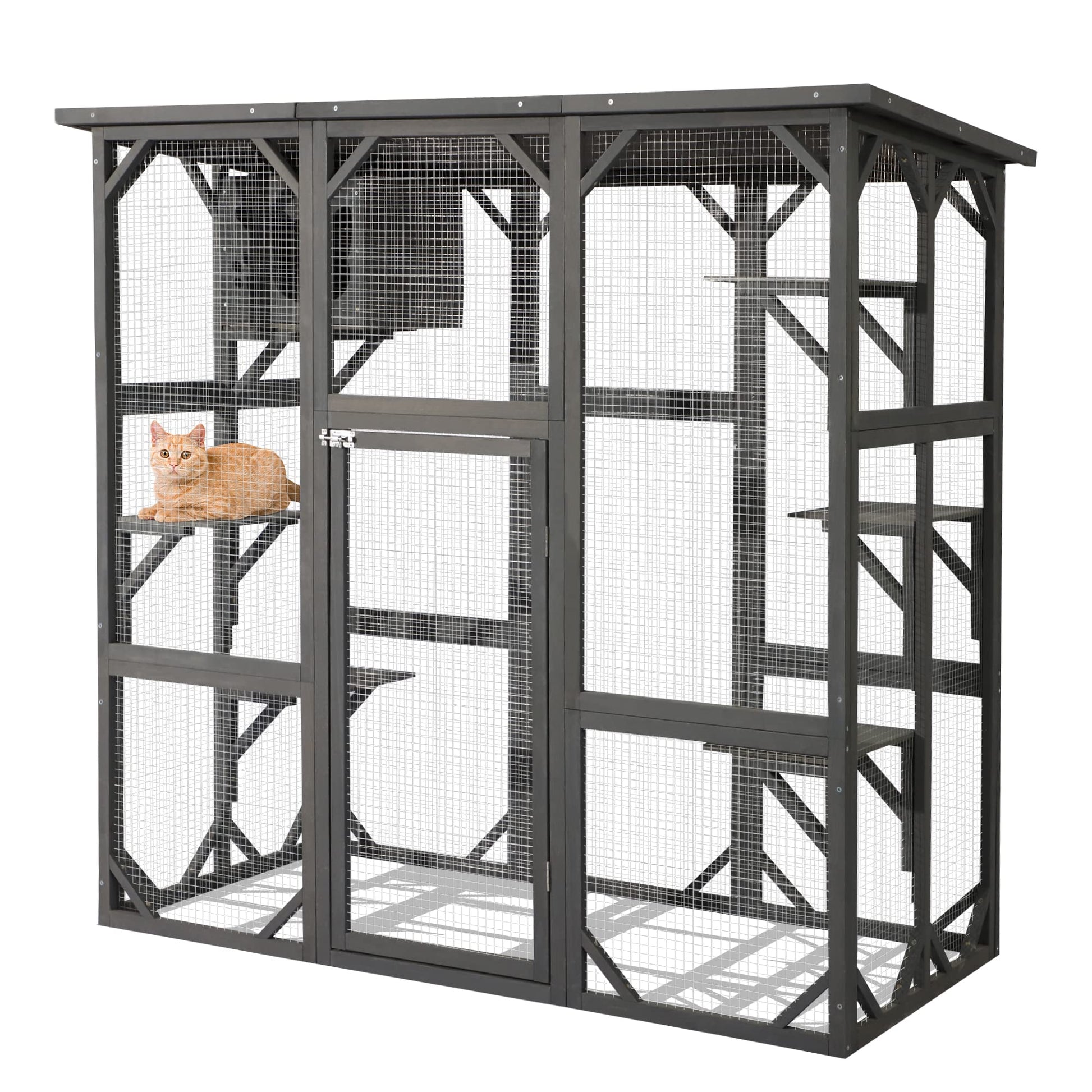 LEISU Large Outdoor Cat House Outdoor Wooden Cat Cage Cat Enclosure with Weatherproof Large Run, Jumping Platforms for Play Catio Cat Patio with Large Entrance Easy to Clean (Dark Grey) - WoodArtSupply