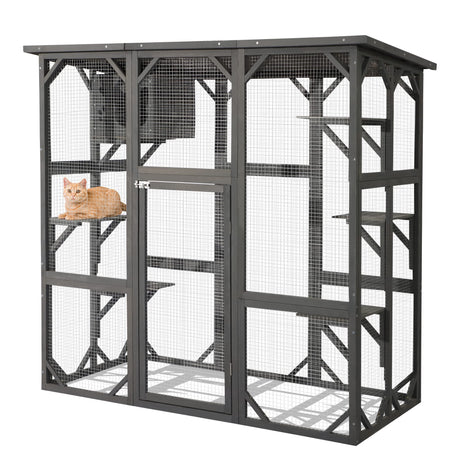 LEISU Large Outdoor Cat House Outdoor Wooden Cat Cage Cat Enclosure with Weatherproof Large Run, Jumping Platforms for Play Catio Cat Patio with Large Entrance Easy to Clean (Dark Grey) LEISU
